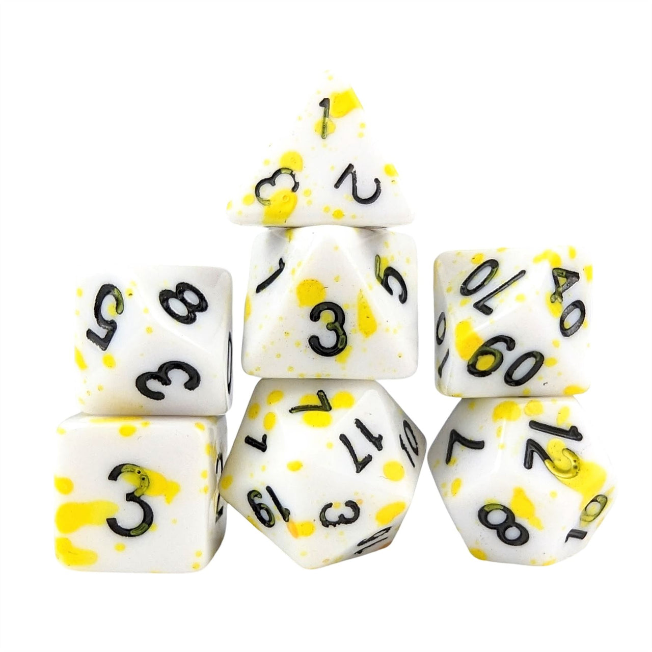 Yellow Blood Splatter on White Acrylic - 7pcs RPG Full Dice Set White Stack