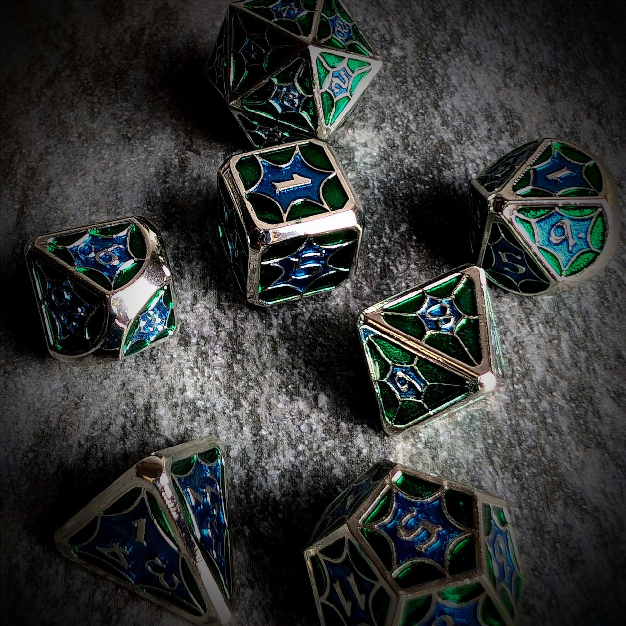 Blue & Green Spider's Web in Silver Metal - 7pcs RPG Dice Set