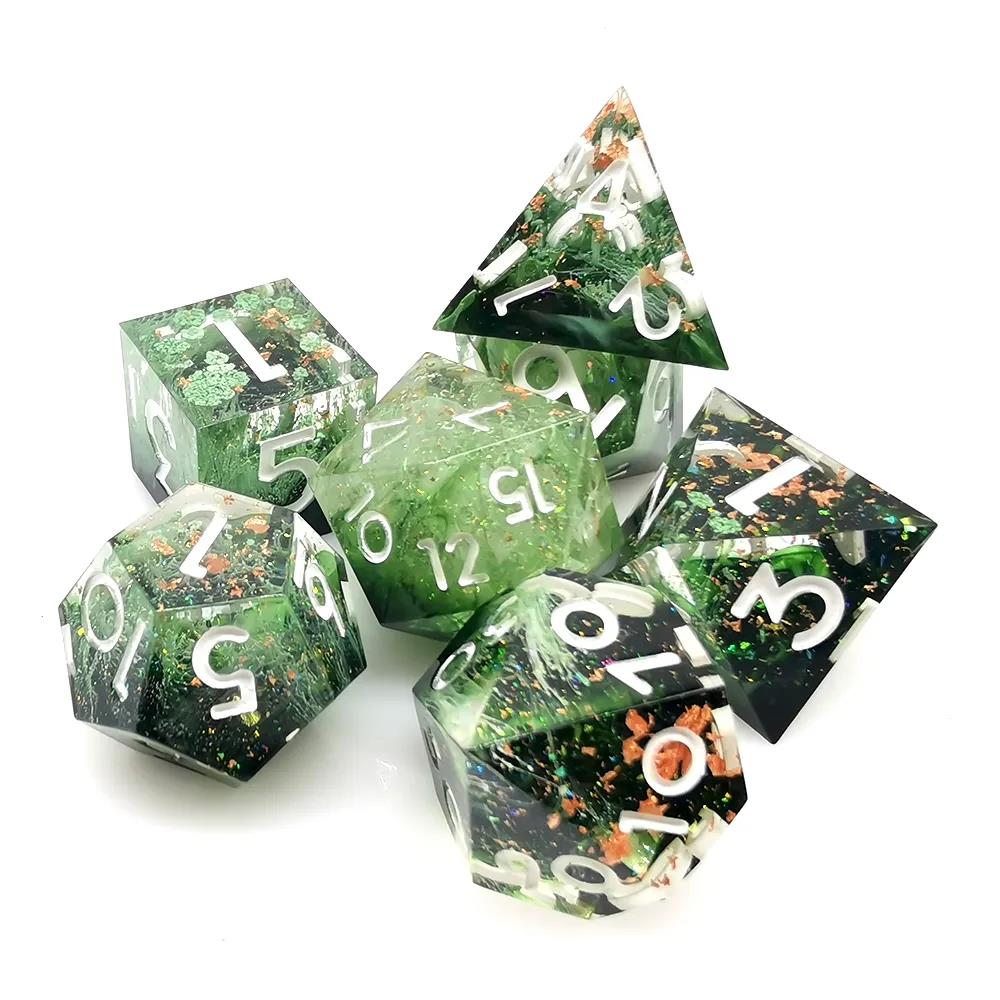 Moss in Layered Clear and Black Sharp Resin - 7pcs RPG Dice Set