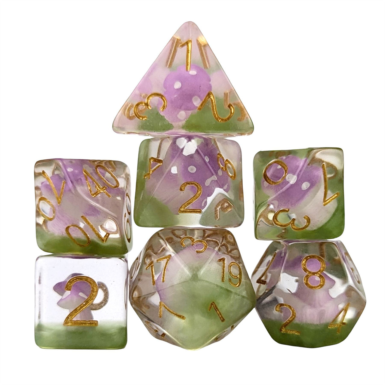 Purple Mashroom in Clear & Green Resin - 7pcs RPG Full Dice Set