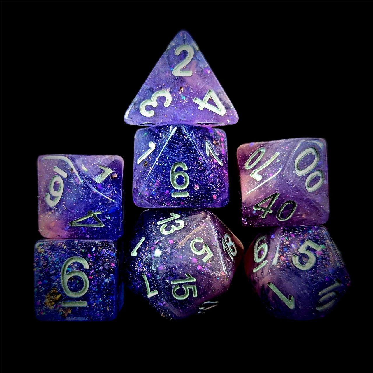 Glitter in Purple & Pink Resin - 7pcs RPG Full Dice Set