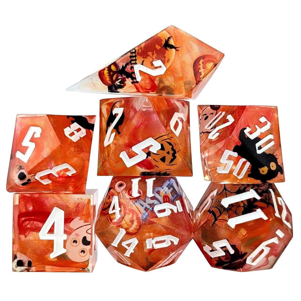 Halloween Ghosts in Orange Filled Sharp Resin - 7pcs RPG Dice Set
