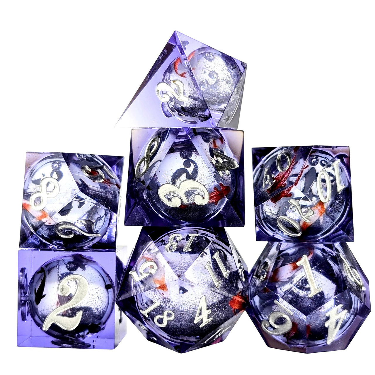 Fish Ball in Clear & Purple Filled Sharp Resin - 7pcs RPG Dice Set