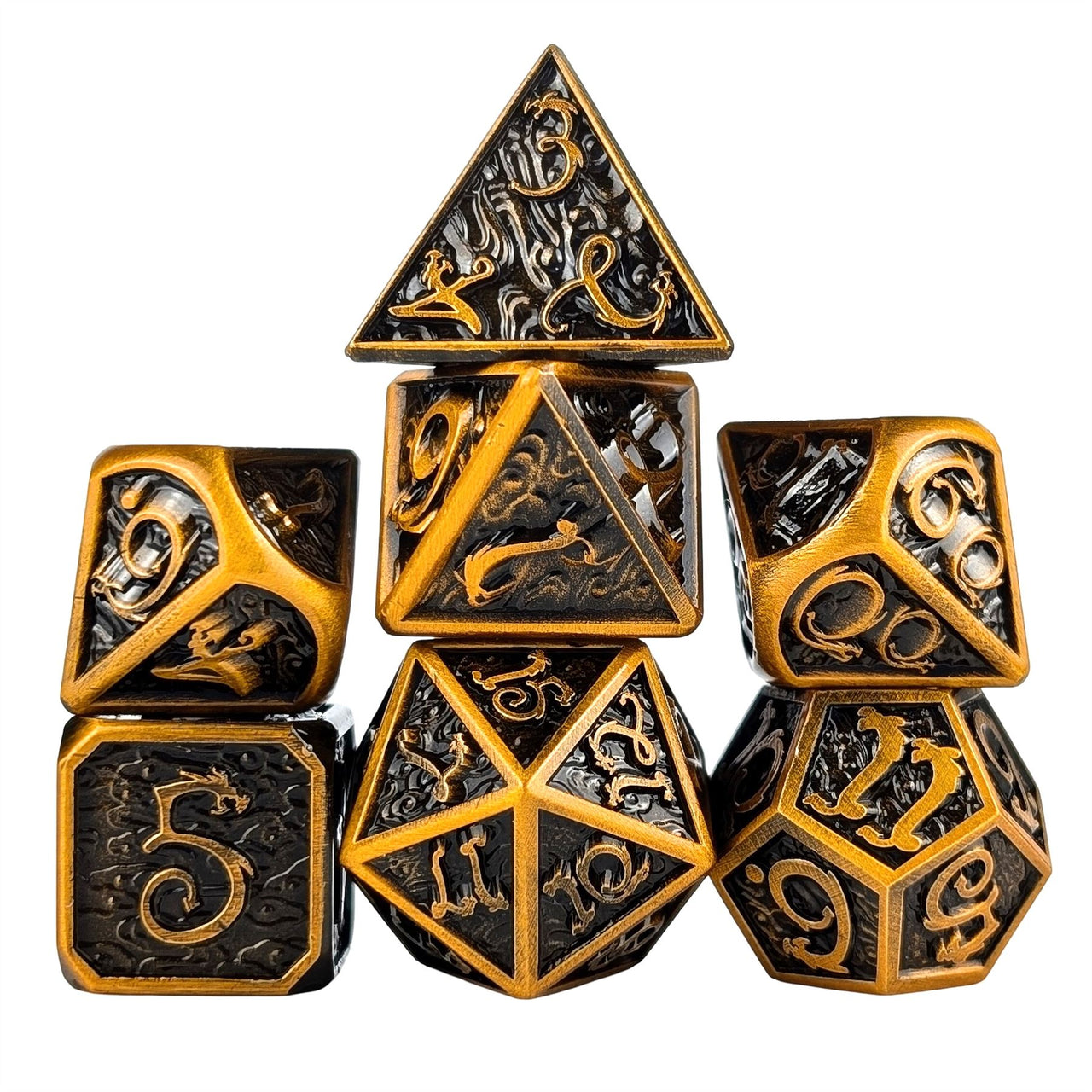 Gold Metal with Dragon Font - 7pcs RPG Dice Set