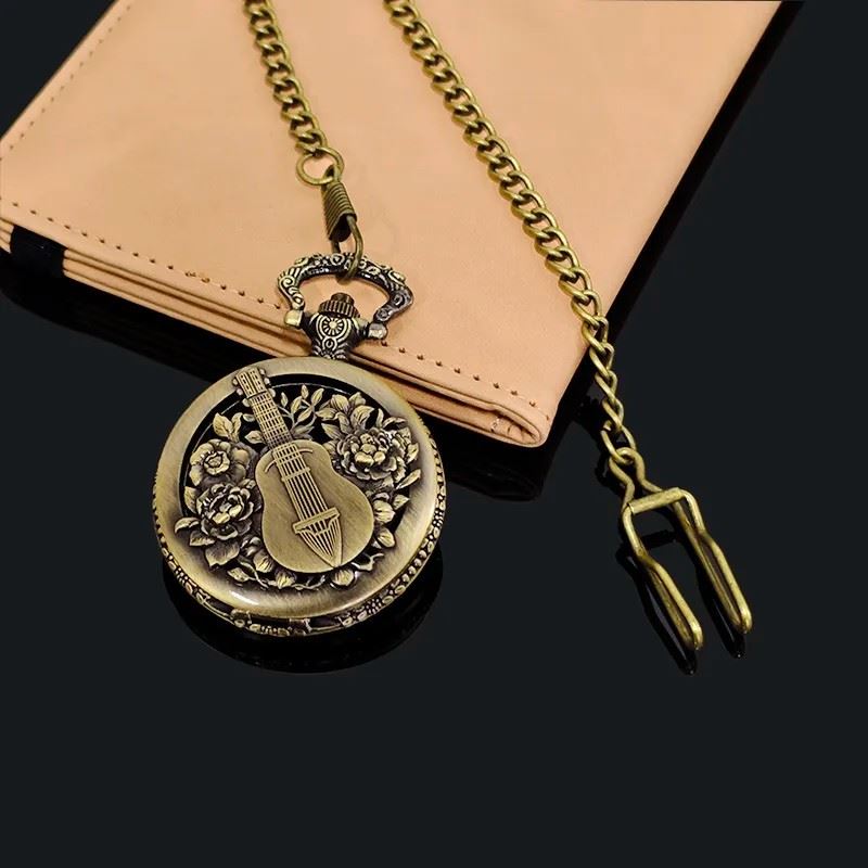 Guitar on Bronze Pocket Watch with Mini Dice - Pendant