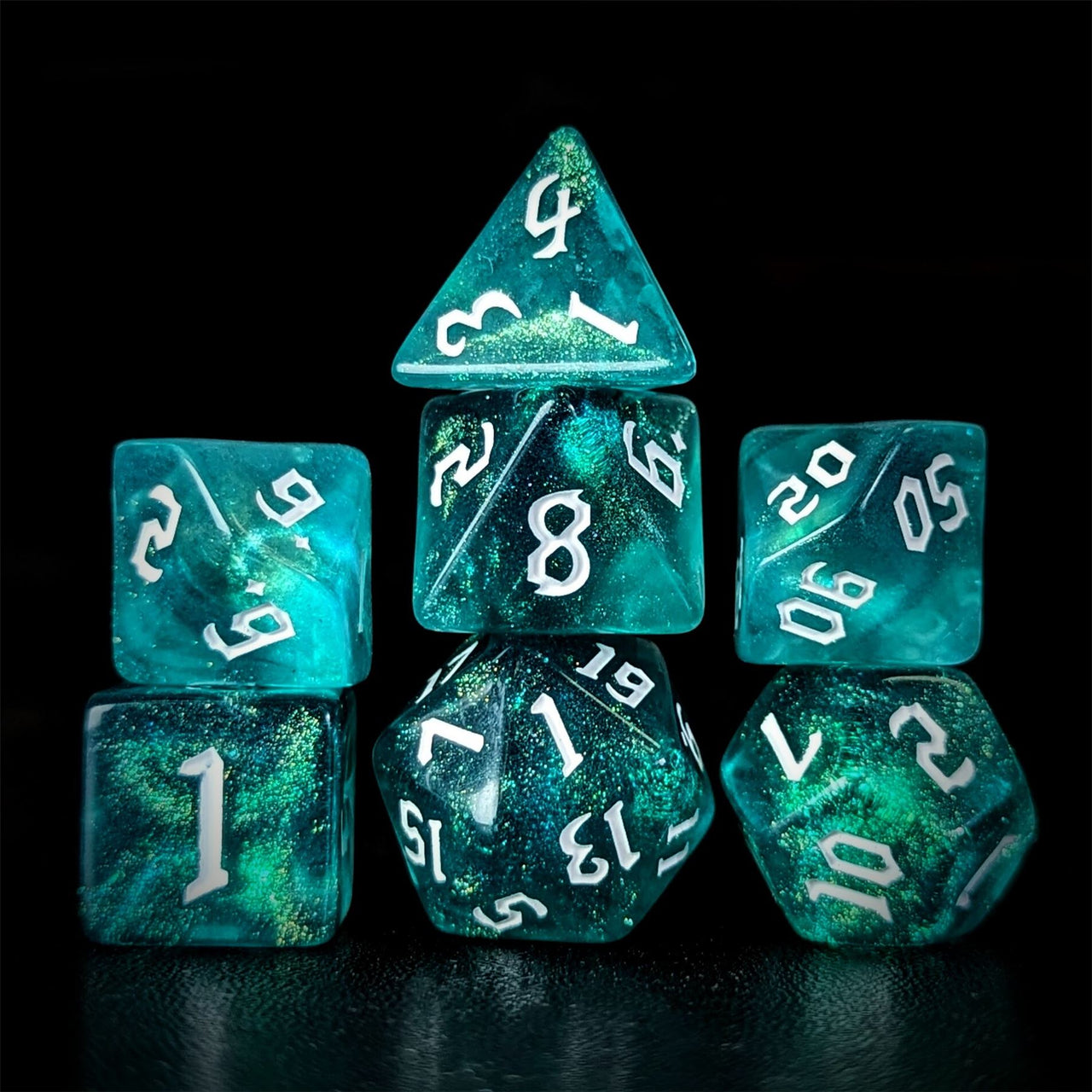 Glitter in Blue & Green Acrylic - 7pcs RPG Full Dice Set Dark Stack