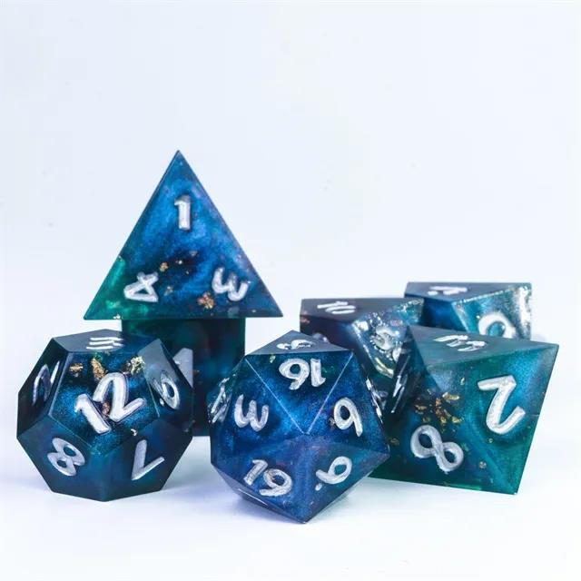 Glitter & Foil in Purple, Blue & Teal Sharp Resin - 7pcs RPG Dice Set