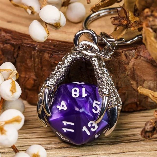 Silver & Purple Acrylic in Metal Claw - D20 Keyring