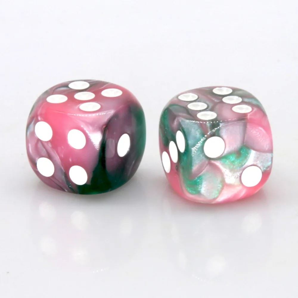 16mm Pink & Green Acrylic  - 6pcs D6 RPG Dice Set