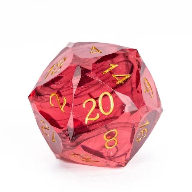 D20 Dice Sharp 30mm Facet Swirl Gold Font Red
