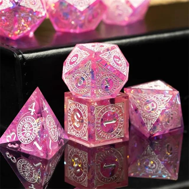 White Pattern on Pink with Candy Sharp Resin - 7pcs RPG Dice Set