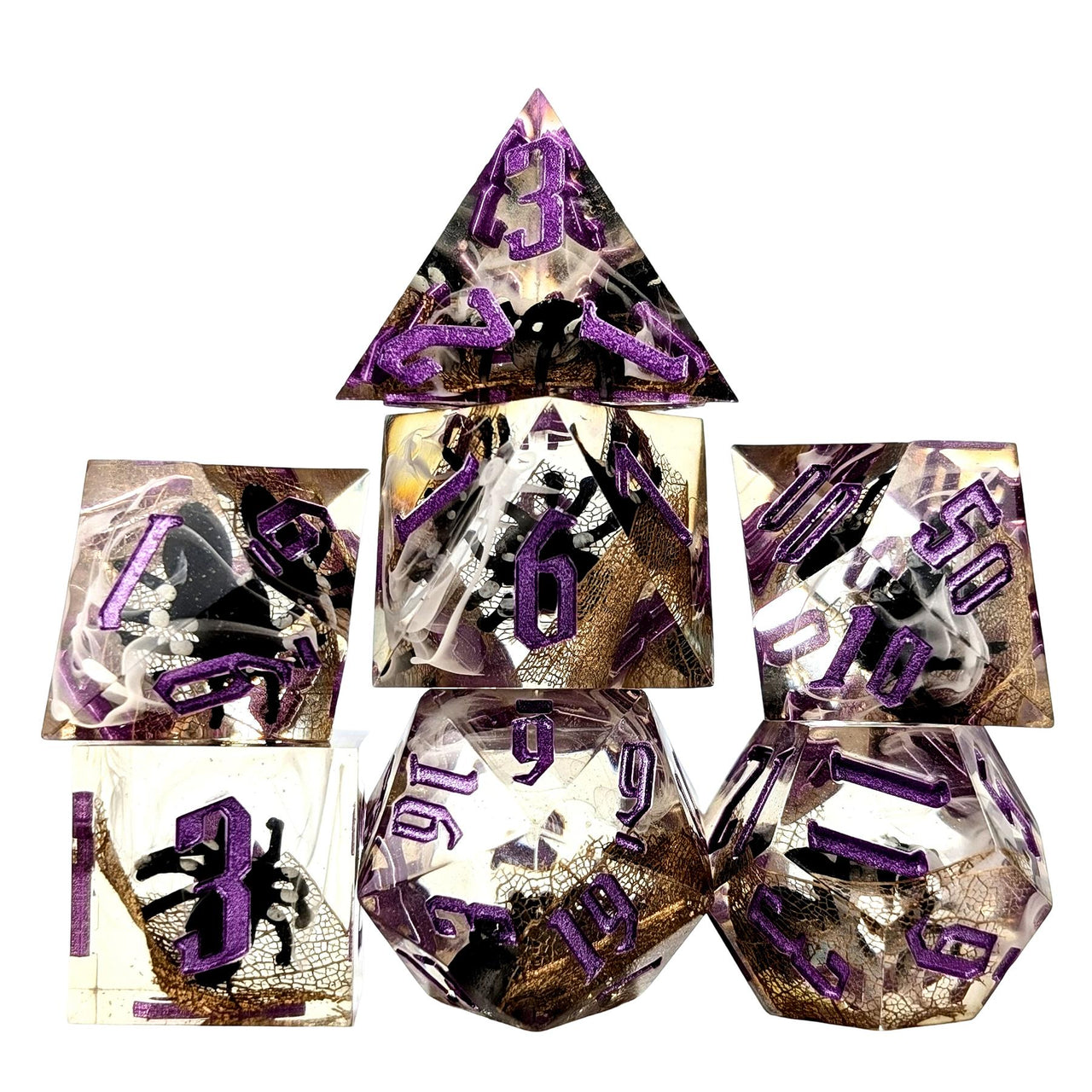 Spider in Clear Filled Sharp Resin - 7pcs RPG Dice Set
