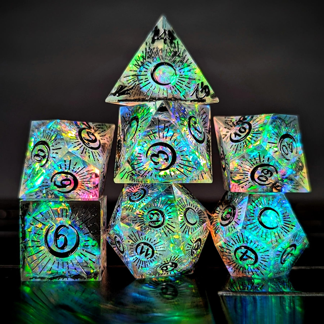 Laser on Clear with Candy Sharp Resin - 7pcs RPG Dice Set