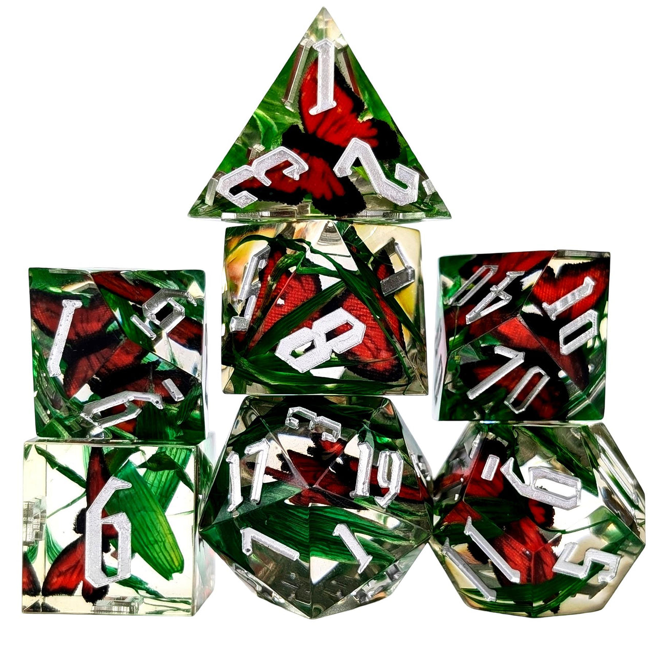 Red Butterfly in Clear Filled Sharp Resin - 7pcs RPG Dice Set