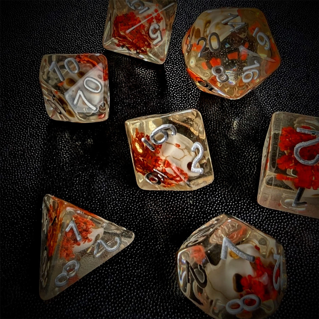 Skull & Orange Flower in Clear Resin - 7pcs RPG Full Dice Set