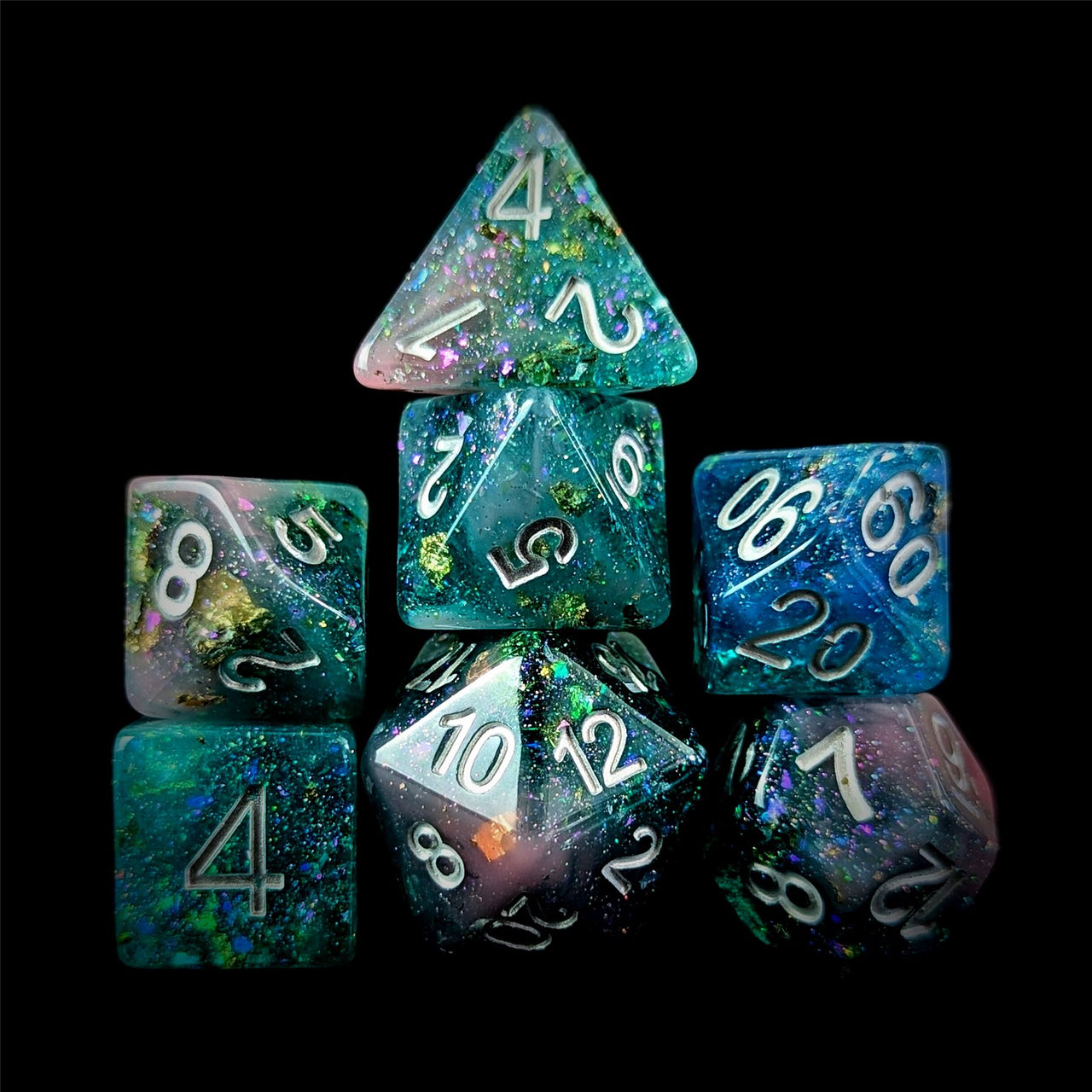 Glitter in Pink & Cyan Resin - 7pcs RPG Full Dice Set