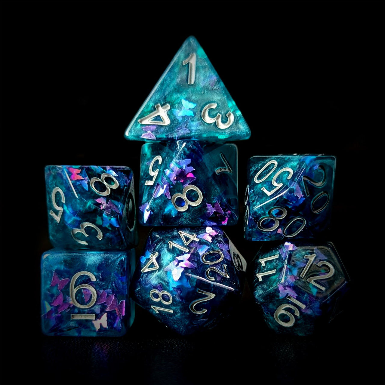 Butterfly in Blue Resin - 7pcs RPG Full Dice Set