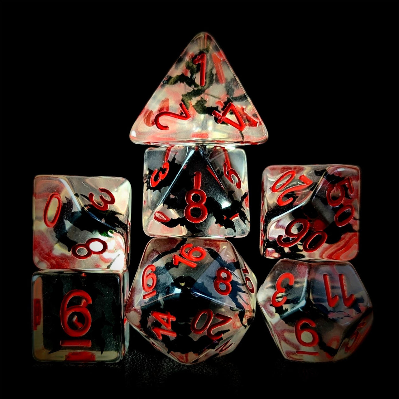 Bats in Clear Resin - 7pcs RPG Full Dice Set