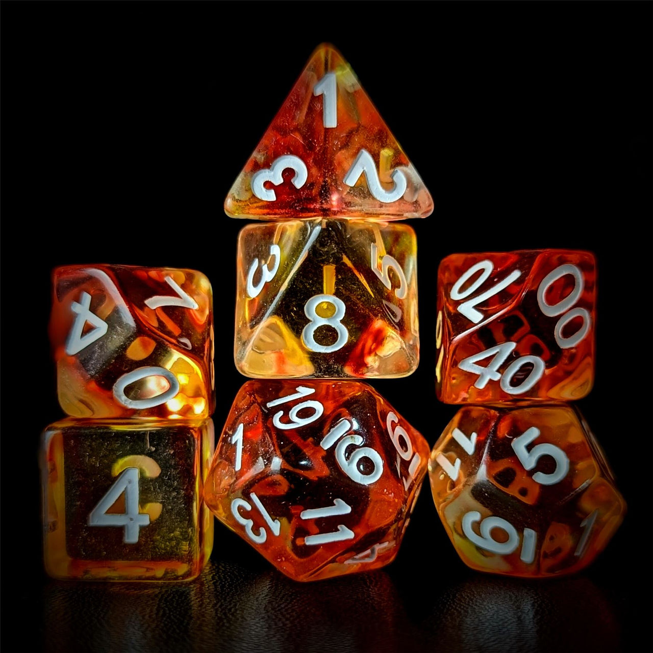 Red & Yellow Swirl in Clear Resin - 7pcs RPG Full Dice Set