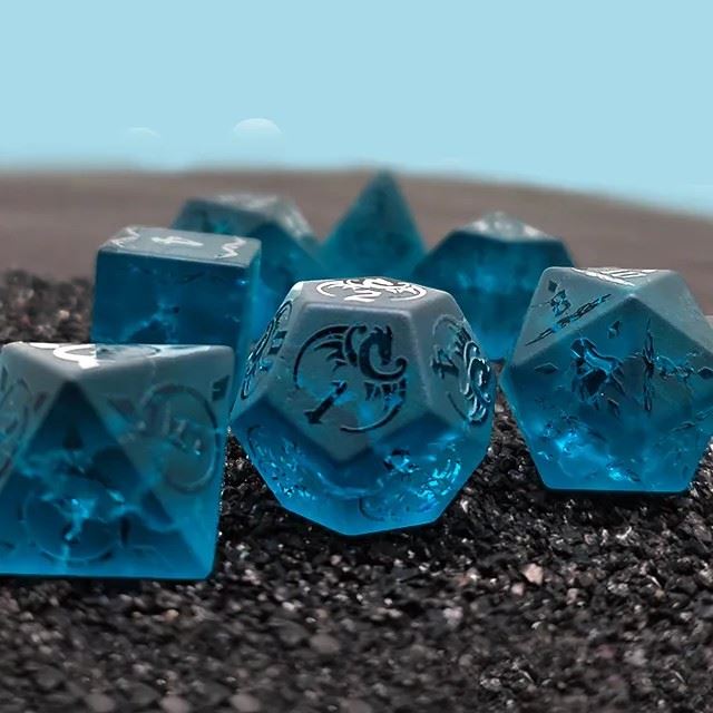 Dragon on Cracked & Frosted Ocean Blue Glass - 7pcs RPG Dice Set