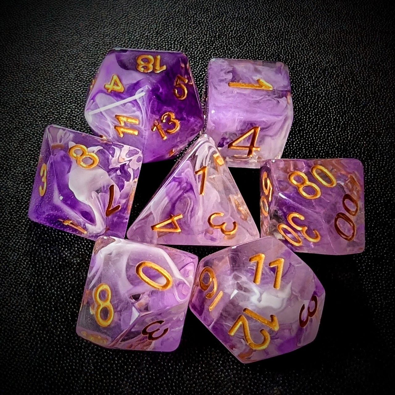 Purple & White Swirl in Clear Resin - 7pcs RPG Full Dice Set