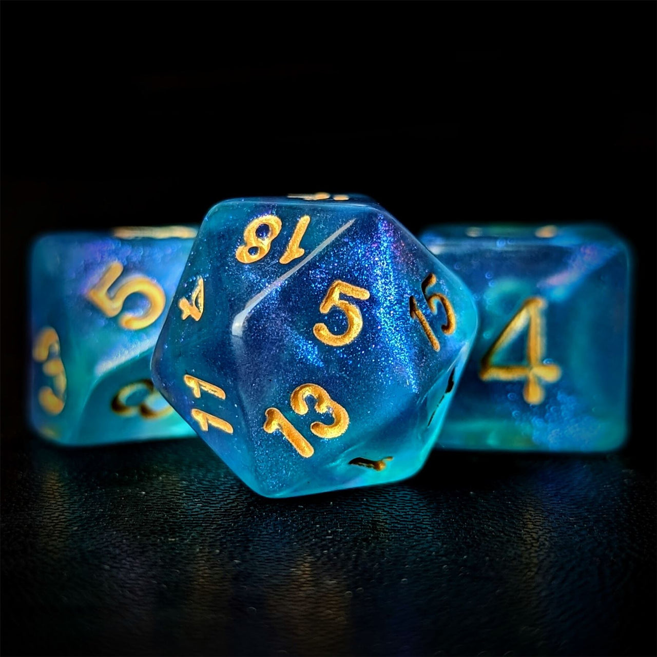 Glitter in Purple & Blue Acrylic - 7pcs RPG Full Dice Set Close