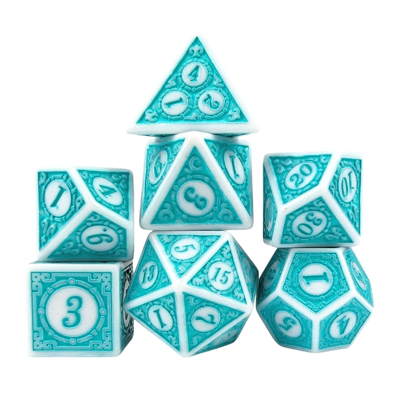 Cyan Lattice on White Acrylic - 7pcs RPG Full Dice Set