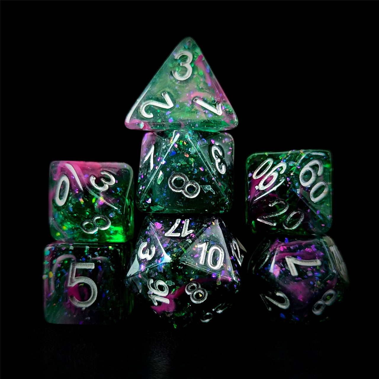 Glitter in Green & Pink Resin - 7pcs RPG Full Dice Set