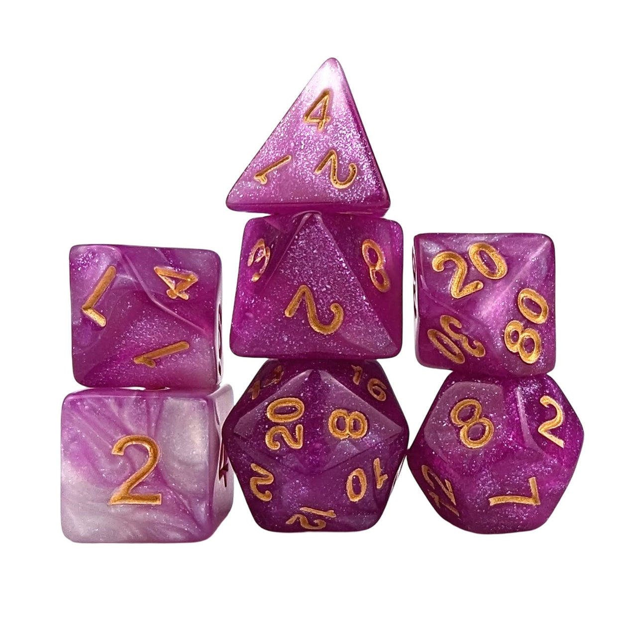 Glitter in Pink & White Acrylic - 7pcs RPG Full Dice Set White Stack