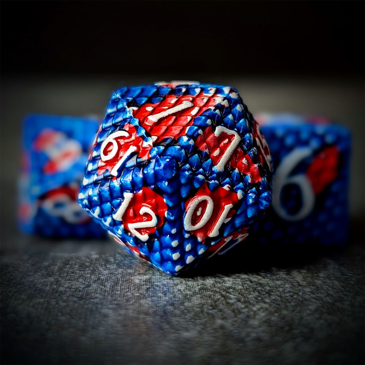 Red & Blue Dragon Scale Metal - 7pcs RPG Dice Set