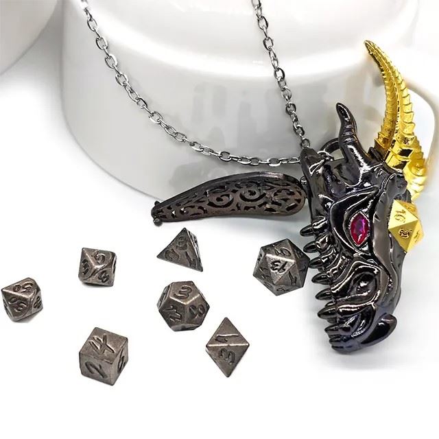 Gold & Black Horned Dragon with Silver Metal Mini Dice Set Necklace