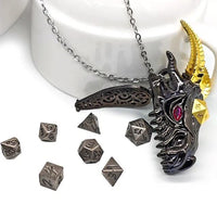 Thumbnail for Gold & Black Horned Dragon with Silver Metal Mini Dice Set Necklace