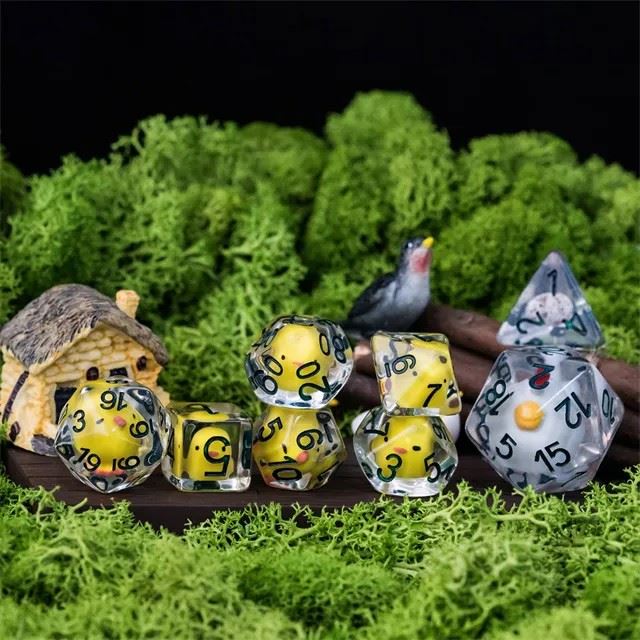 Chickens in Clear Resin with Oversized D20 - 8pcs RPG Dice Set