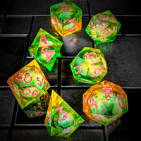 Thumbnail for 7pcs Dice Sharp Filled Liquid Pink Font Brown Green