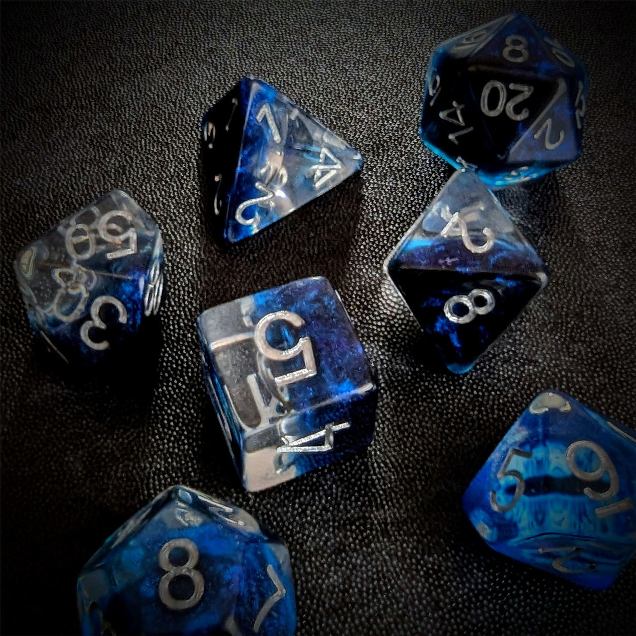 Demon Eye in Clear & Royal Blue Resin - 7pcs RPG Full Dice Set