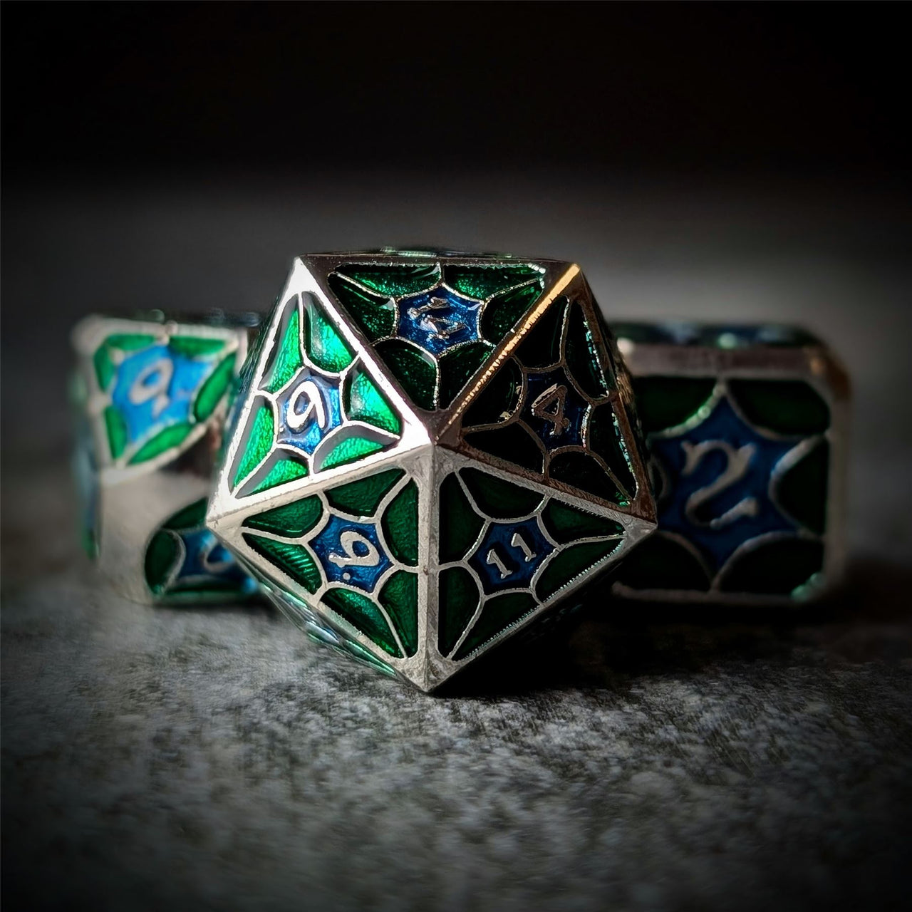 Blue & Green Spider's Web in Silver Metal - 7pcs RPG Dice Set