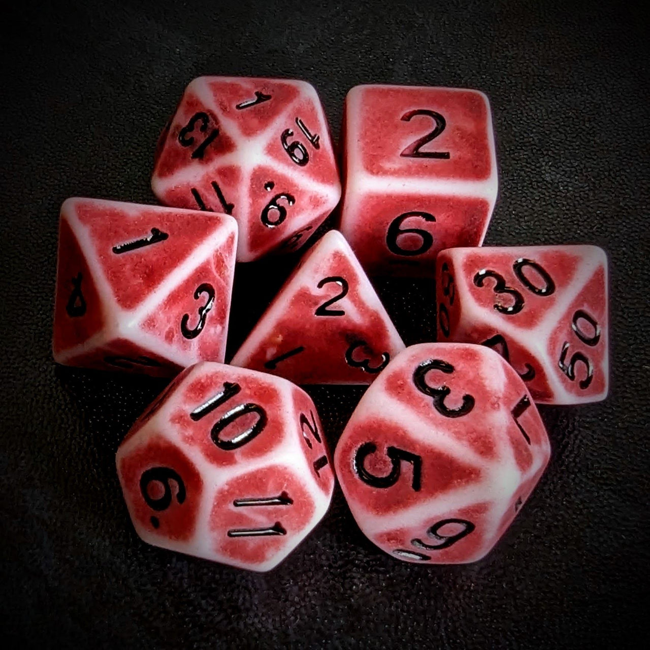 Washed Red on White Acrylic - 7pcs RPG Full Dice Set Top