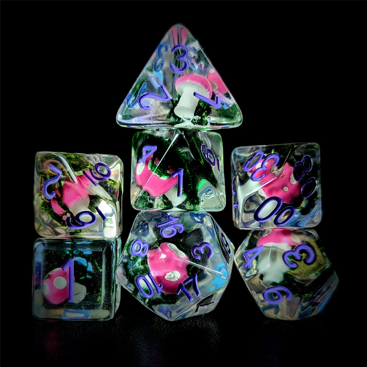 Pink Mushroom in Clear Resin - 7pcs RPG Full Dice Set