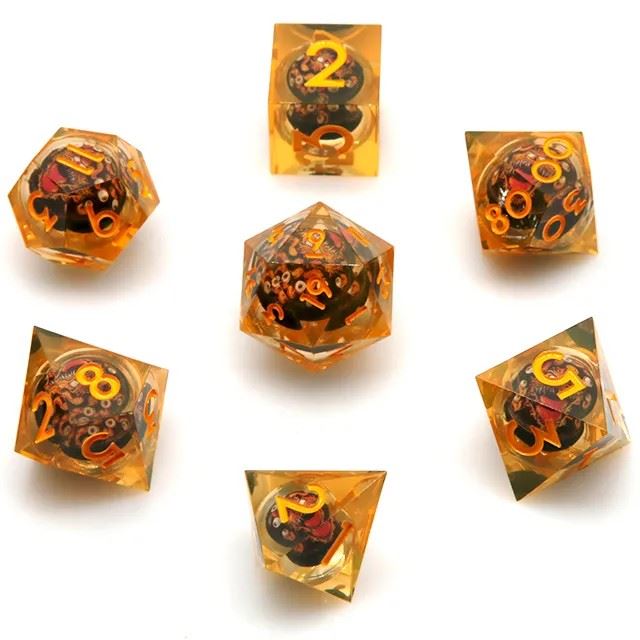 Orange Beholder in Orange & Clear Liquid Filled Sharp Resin - 7pcs RPG Dice Set