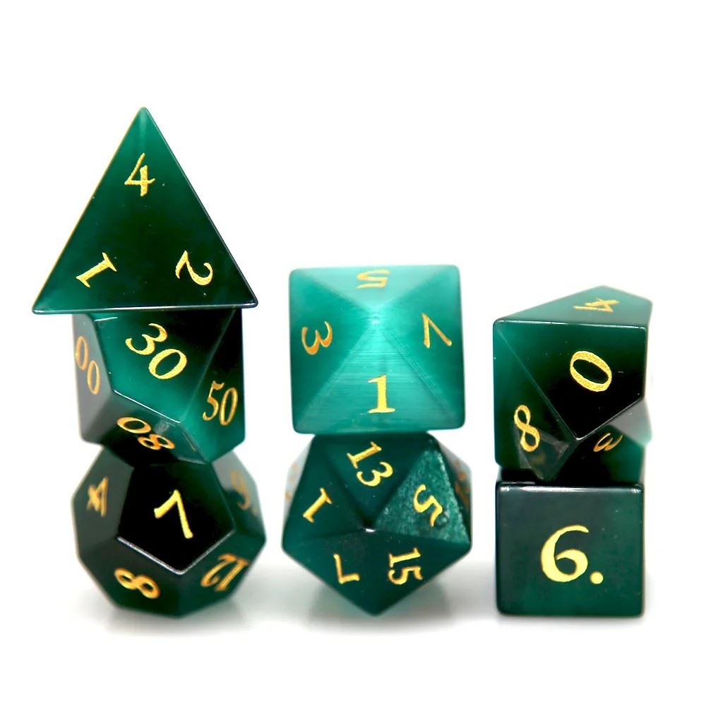 Green Cat Eye Gemstone - 7pcs RPG Dice Set