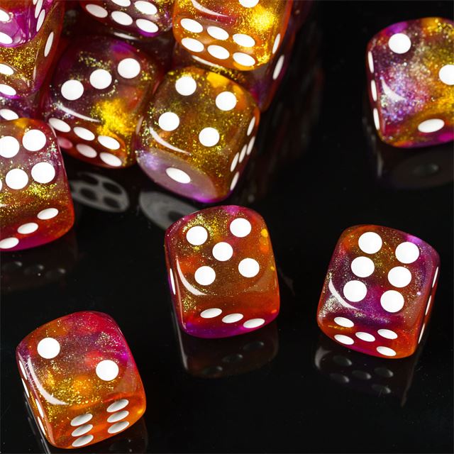 16mm Pink & Orange Acrylic with Glitter - 6pcs D6 RPG Dice Set