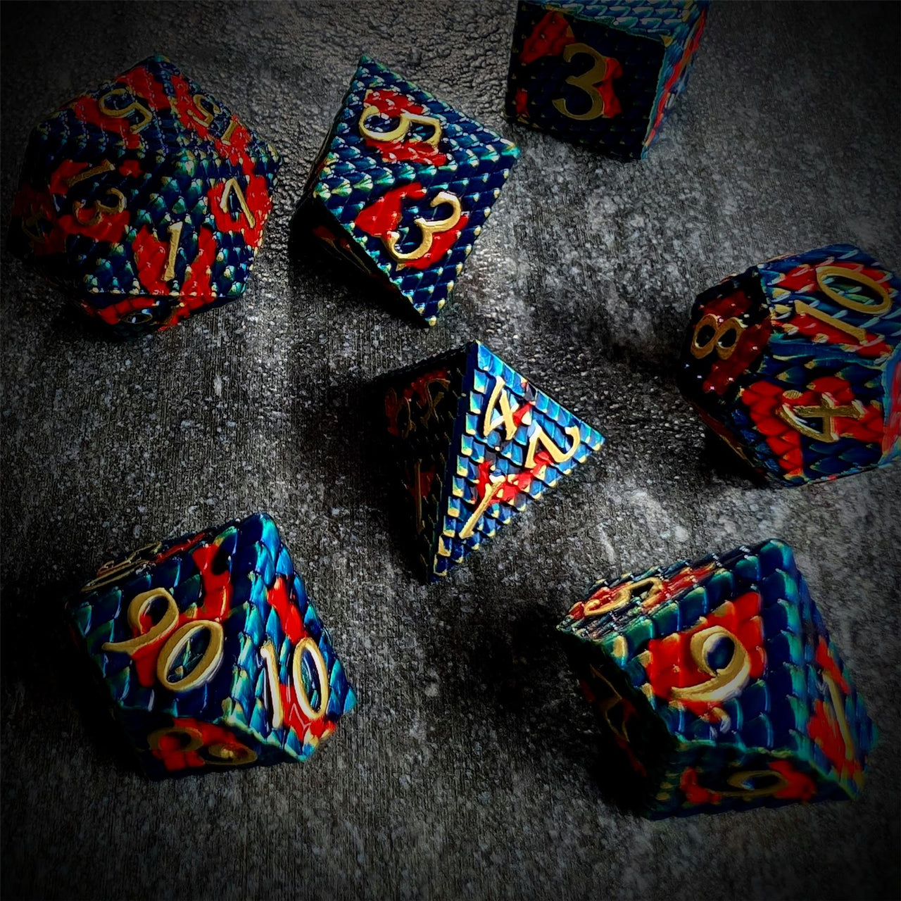 Red & Blue Dragon Scale Metal - 7pcs RPG Dice Set