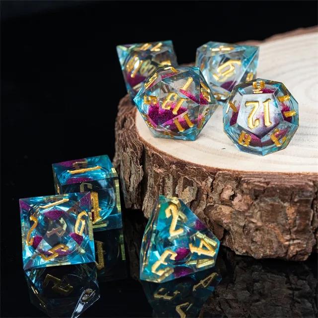 Pink Glitter in Blue & Clear Liquid Filled Sharp Resin - 7pcs RPG Dice Set