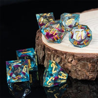 Thumbnail for Pink Glitter in Blue & Clear Liquid Filled Sharp Resin - 7pcs RPG Dice Set