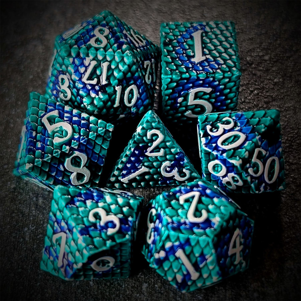 Green & Blue Dragon Scale Metal - 7pcs RPG Dice Set