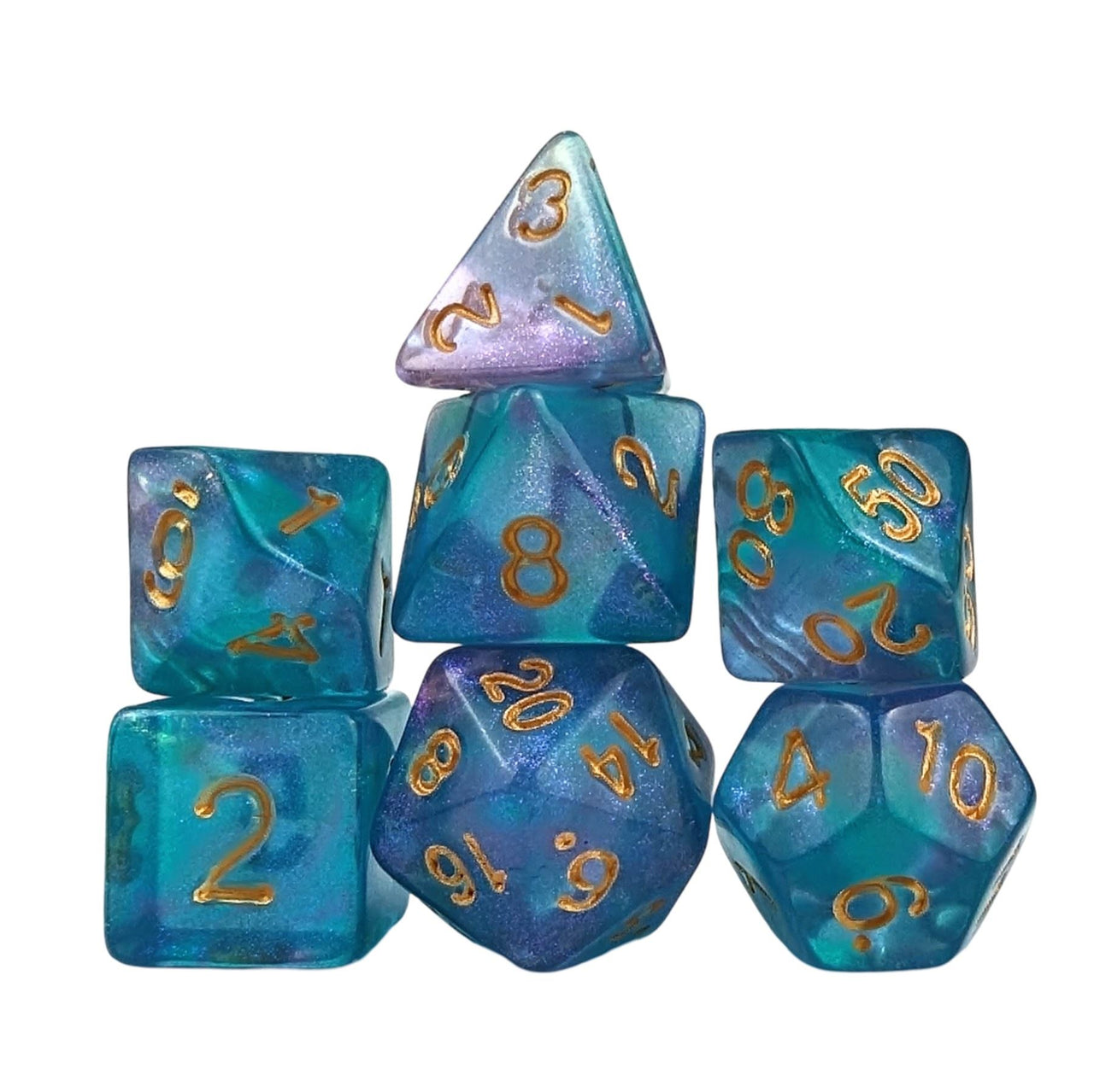 Glitter in Purple & Blue Acrylic - 7pcs RPG Full Dice Set White Stack