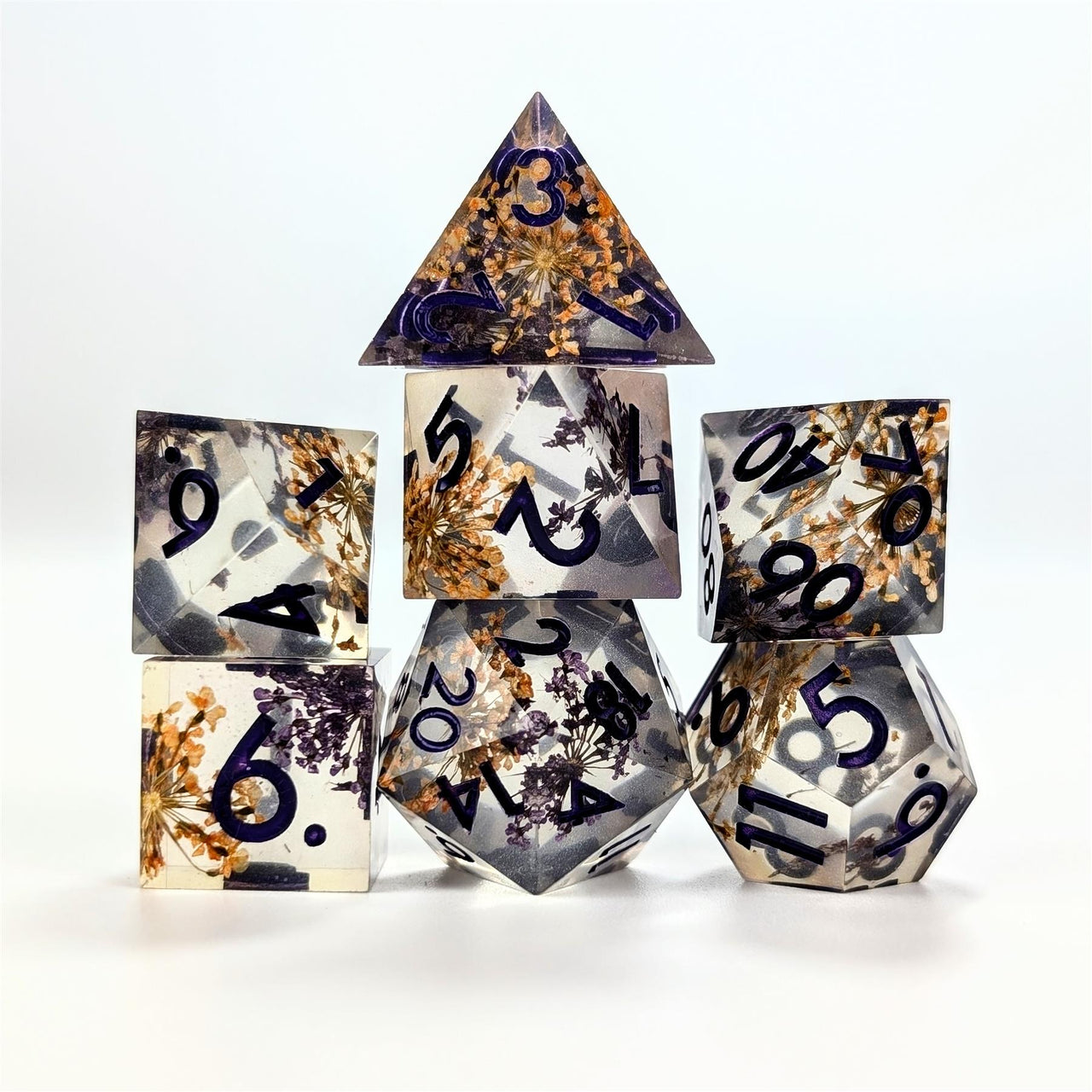 Flower in Yellow & Purple Filled Sharp Resin - 7pcs RPG Dice Set