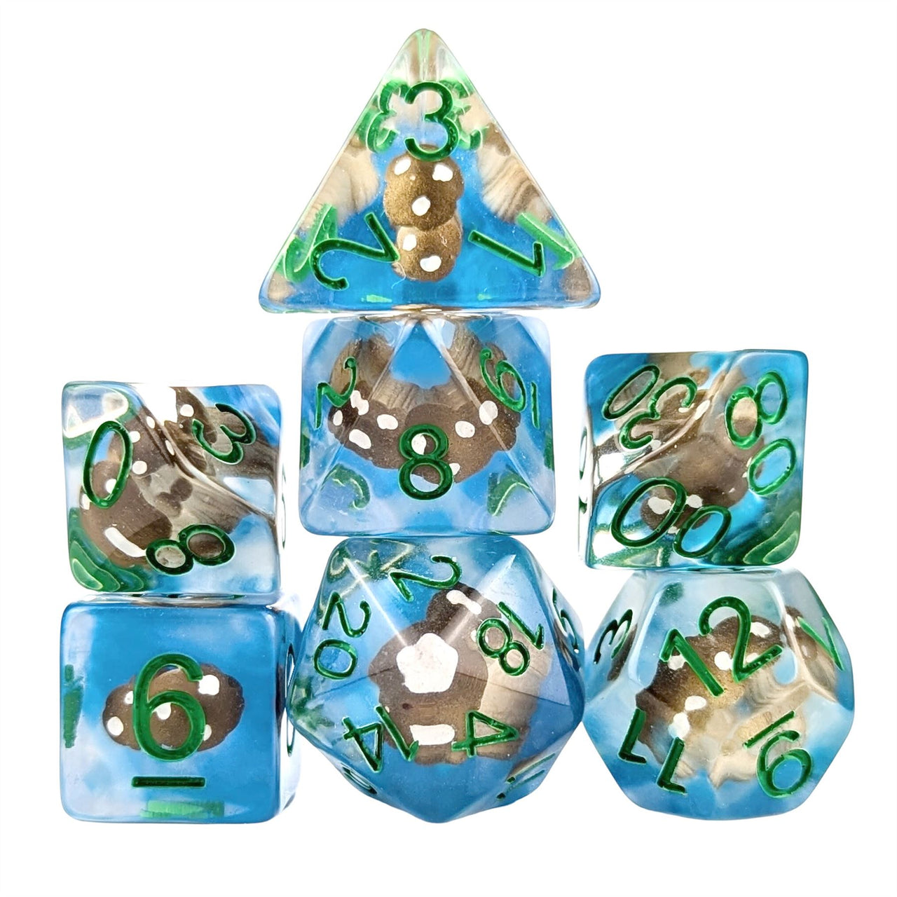 Brown Mashroom in Clear & Blue Resin - 7pcs RPG Full Dice Set