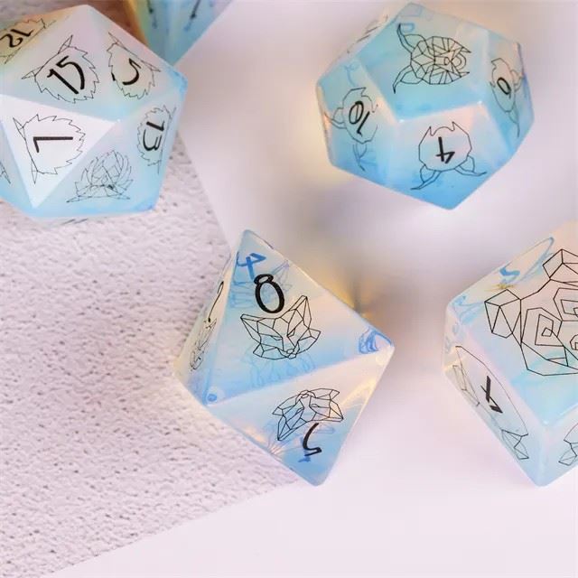 Beasts on Clear Opalite Gemstone - 7pcs RPG Dice Set