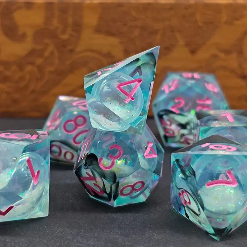 Black Swirl & Glitter in Cyan Liquid Filled Sharp Resin - 7pcs RPG Dice Set